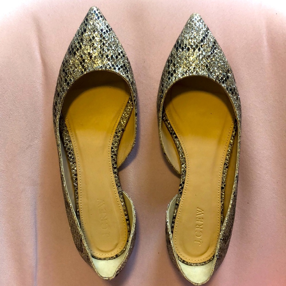 J Crew Gold Glitter Pointy Toe Flats